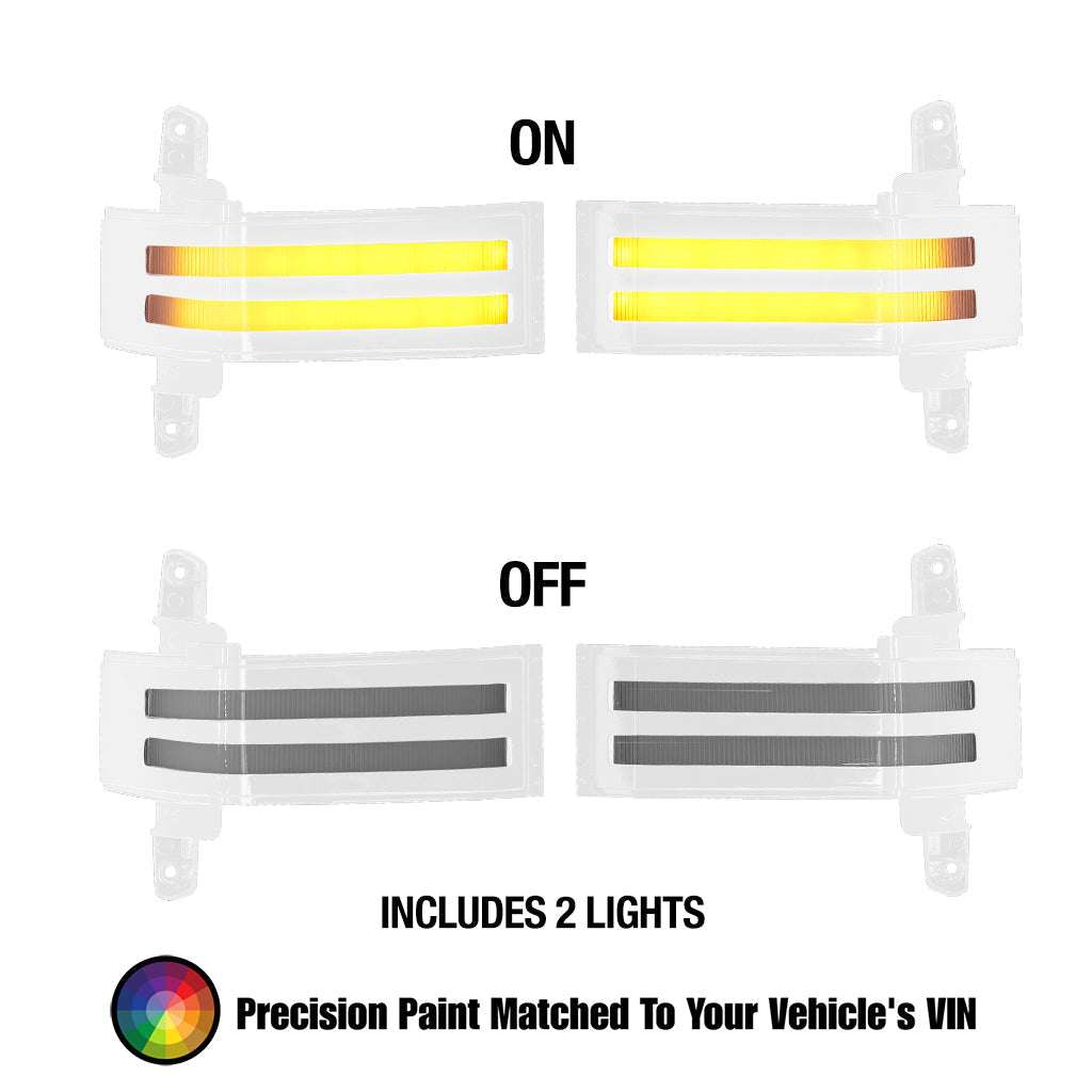Tow Mirror Direct Replacement Marker Lights for 2014-2019 Chevy Silverado & GMC Sierra – Painted (VIN matched), Clear Lens / Amber LED / Strip Style