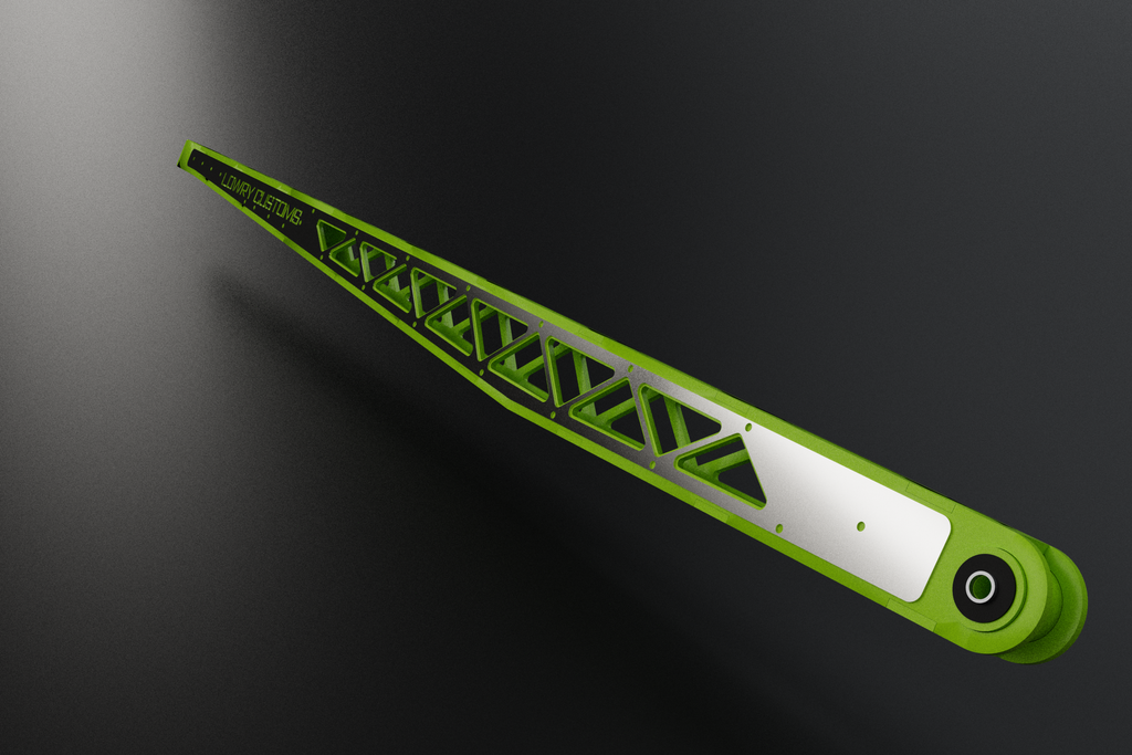 Skeletonized ladder bar, angled view, chartreuse powder coat with mirror stainless overlay (render)