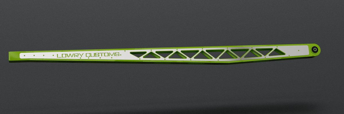 Skeletonized ladder bar, side view, chartreuse with mirror stainless overlay and LOWRY CUSTOMS name plate (render)