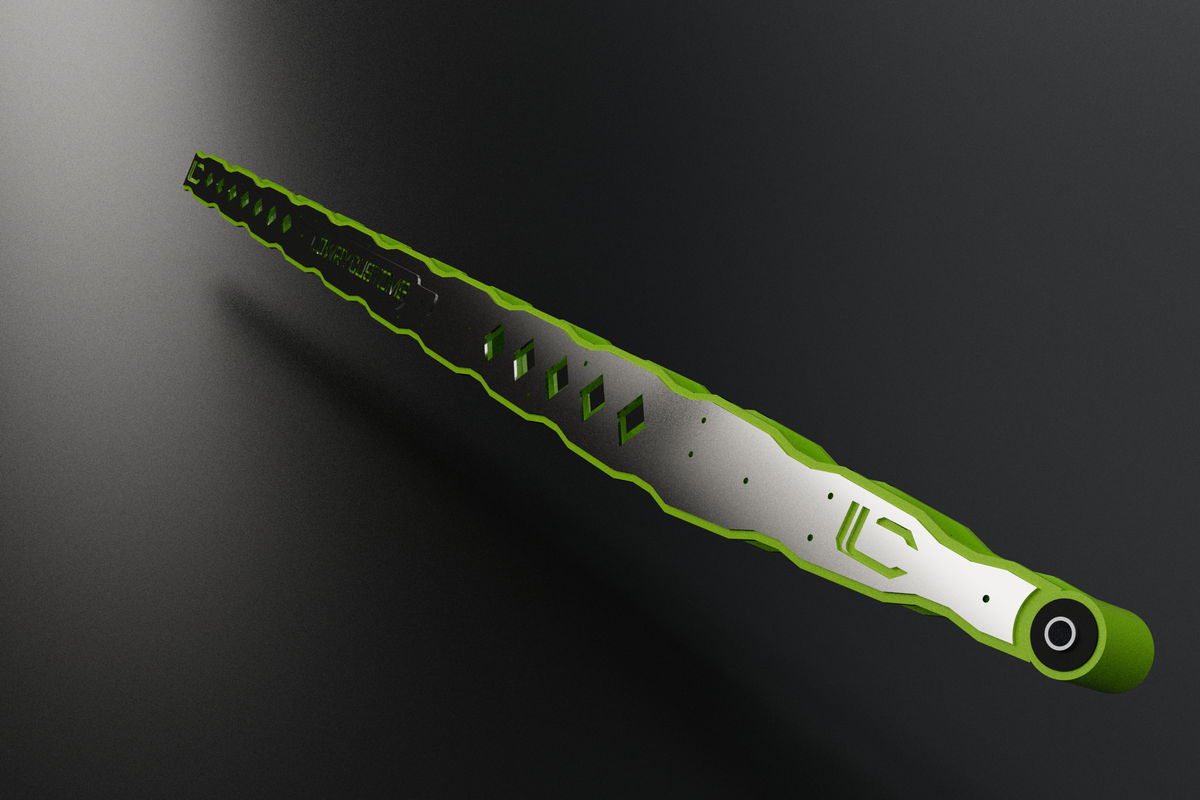 Diamond Design ladder bar, angled view, chartreuse with mirror stainless overlay (render)