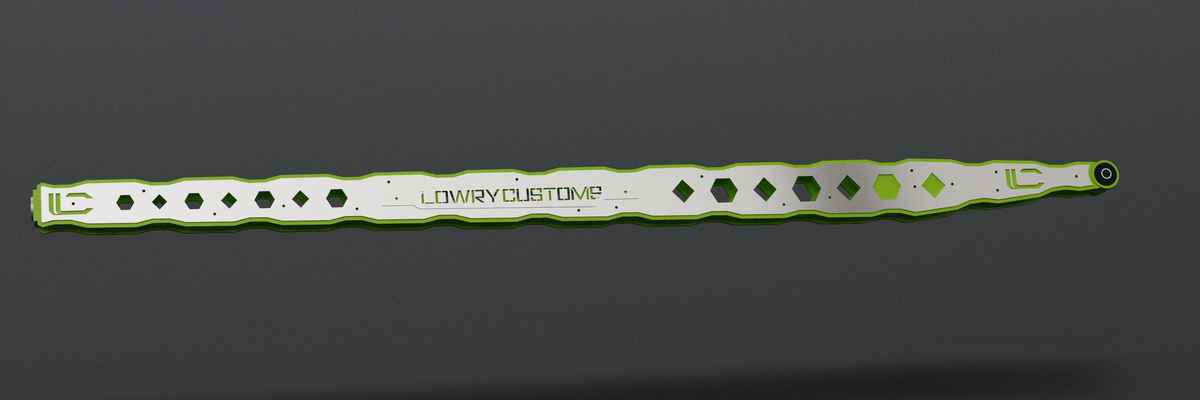 Hexagon and diamond ladder bar, side view with LOWRY CUSTOMS name plate (render)