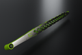 Symmetrical Design ladder bar, angled view, chartreuse with mirror stainless overlay (render)