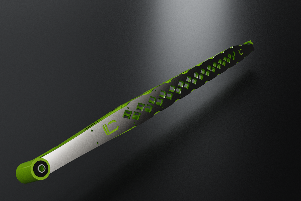 Symmetrical Design ladder bar, angled view, chartreuse with mirror stainless overlay (render)