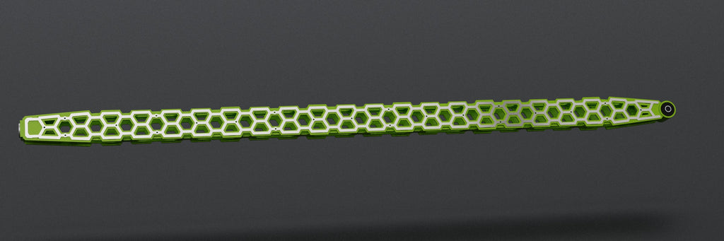 Honeycomb traction bar, side view, chartreuse powder coat with honeycomb cutouts (render)