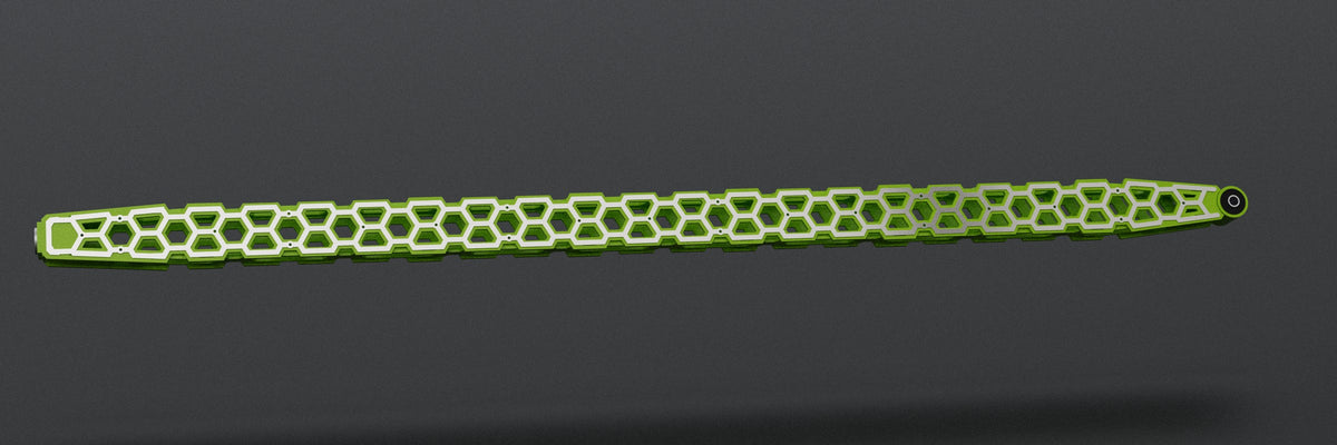 Honeycomb traction bar, side view, chartreuse powder coat with honeycomb cutouts (render)