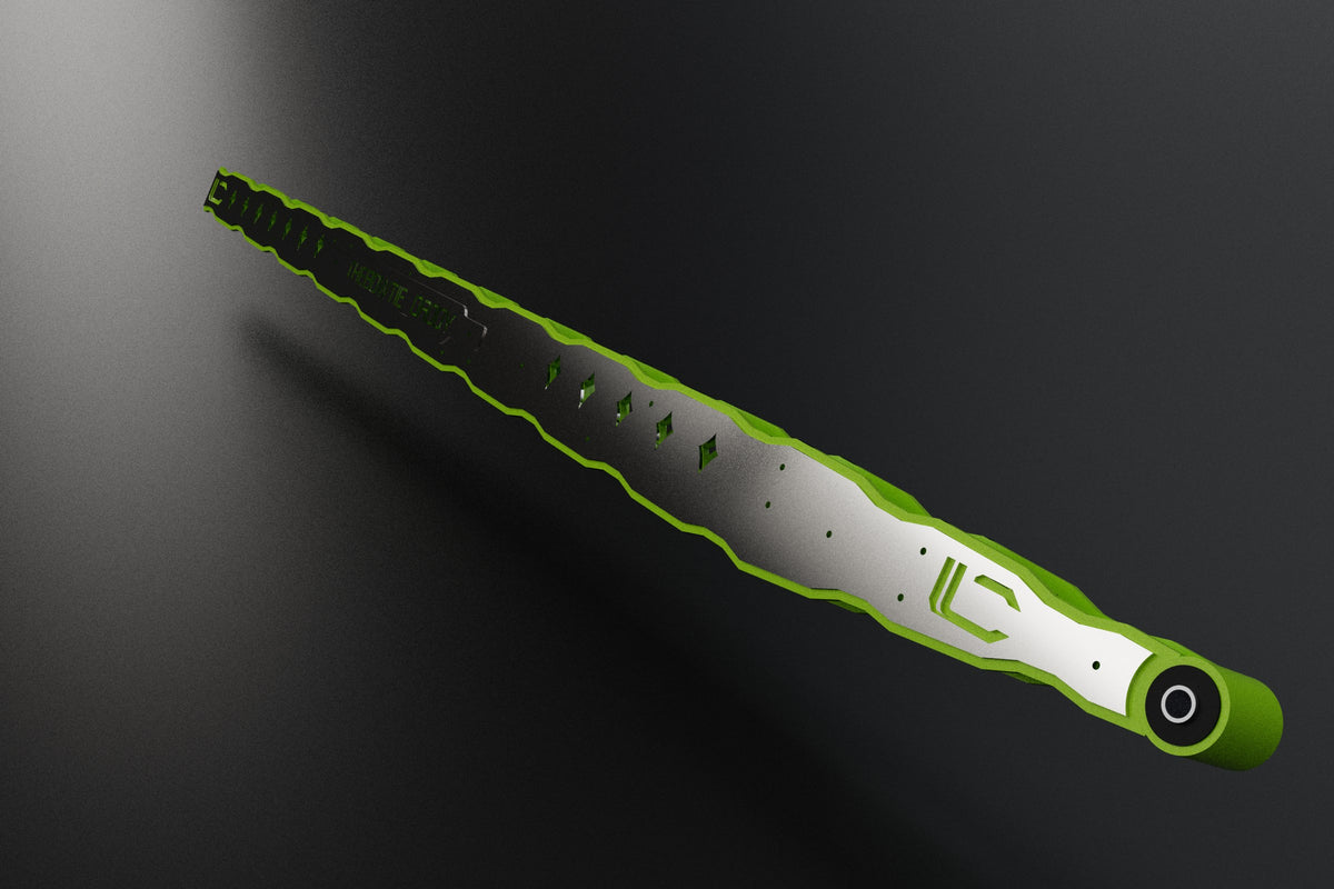 Kustom Royalties ladder bar, angled view, chartreuse with mirror stainless overlay (render)